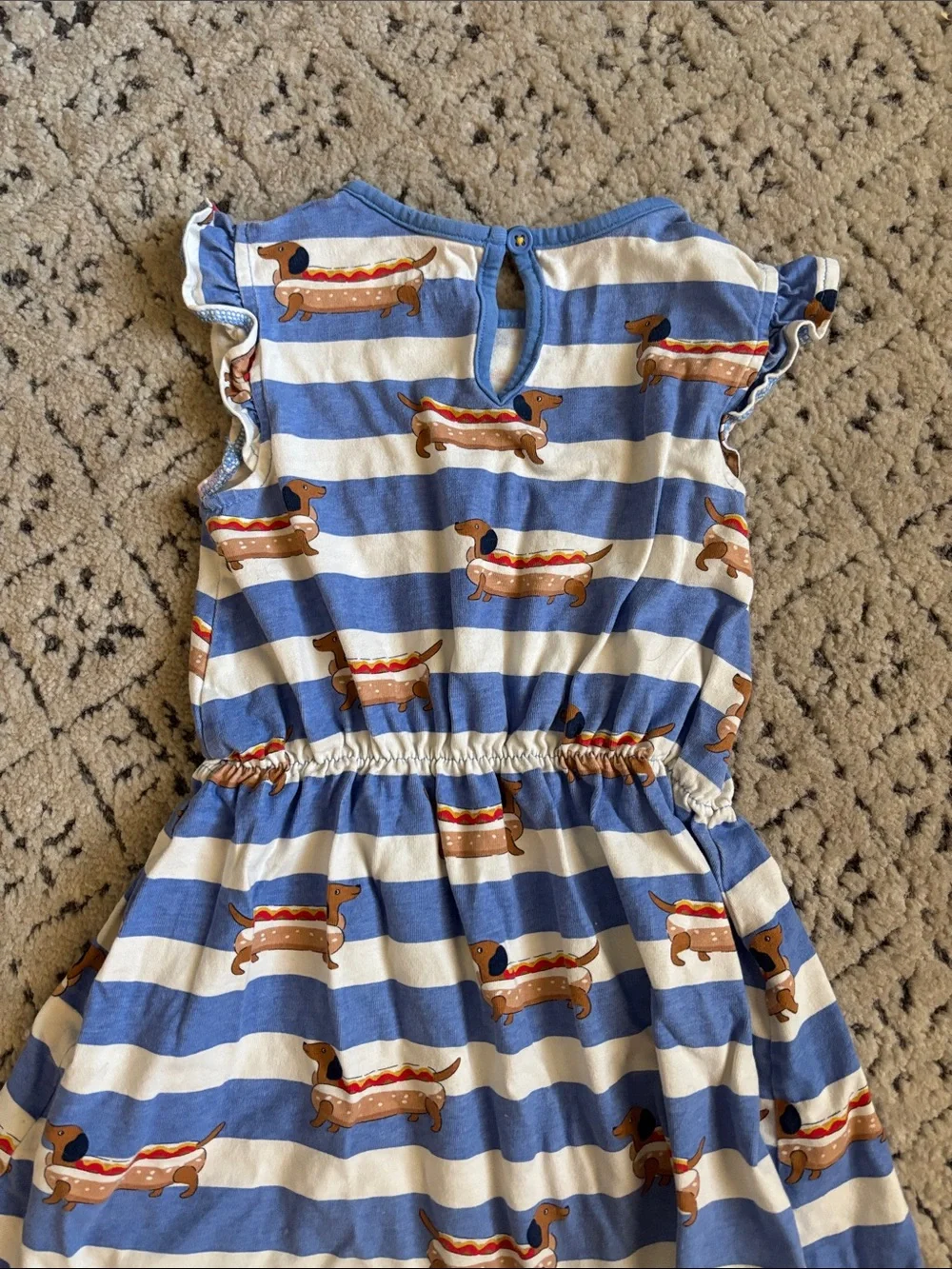 Mini Boden Girls Blue & White Striped Dress with Hot Dog Dachshund Print sz 4-5T